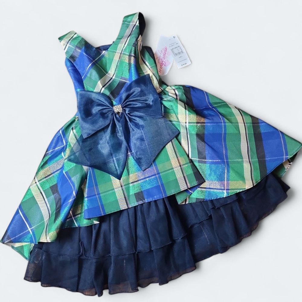 BONNIE JEAN | NWT Metallic Tartan Plaid Satin Tulle Dress with Navy‎ Bow | 5